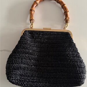 Clare V. Black Woven Handbag with Bamboo Handle